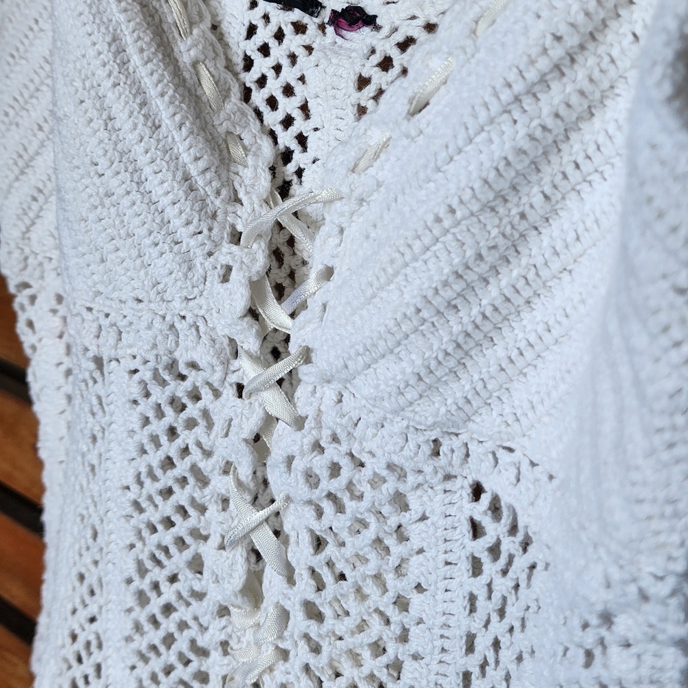 Y2K boho top loose knit lace-up white singlet size 10 - Picture 3 of 10